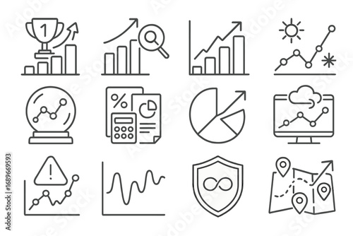 SEO Trend Icons. Line style icons of SEO trends and forecasting: future ranking icon, algorithm trend line, rising keyword graph,