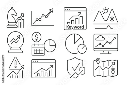 SEO Trend Icons. Line style icons of SEO trends and forecasting: future ranking icon, algorithm trend line, rising keyword graph,
