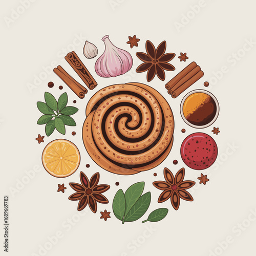 Chai Spice Cinnamon Bun Emblem Illustration