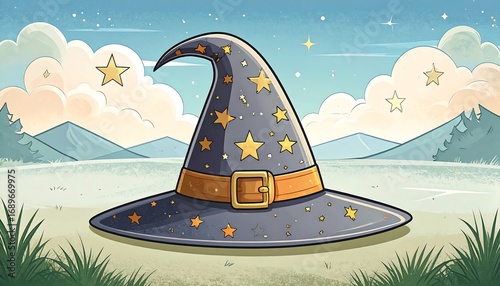 Witch hat, landscape, stars, clouds
