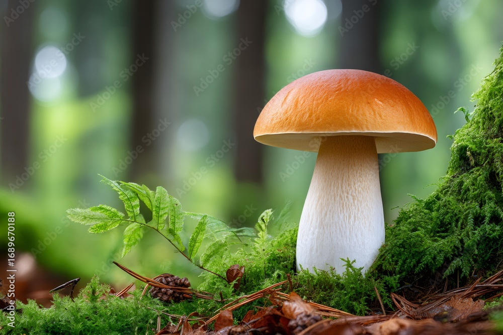 Fototapeta premium Penny bun mushroom growing in lush forest floor