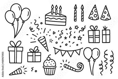 Birthday Party Doodles. Birthday party doodle icon set: hand drawn icons of balloons, birthday cake, candles, party hats, wrapped