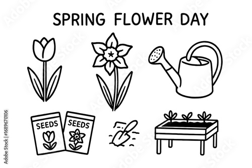 Spring Doodle Set. Spring flower day doodle set: hand drawn icons for tulip, daffodil, watering can, seed packets, and planting