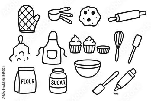 Baking Day Doodles. Baking day doodle icon set: hand drawn icons of oven mitt, measuring cups, cookie dough, rolling pin, apron,