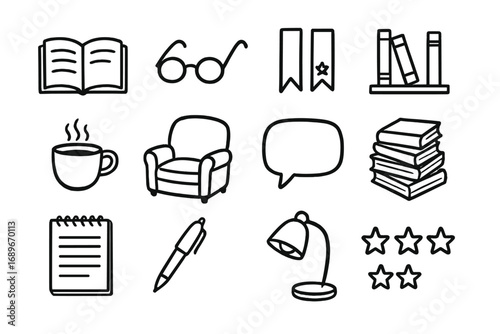 Book Club Essentials. Book club doodle icon set: hand drawn icons of open book, reading glasses, bookmarks, library shelf, coffee