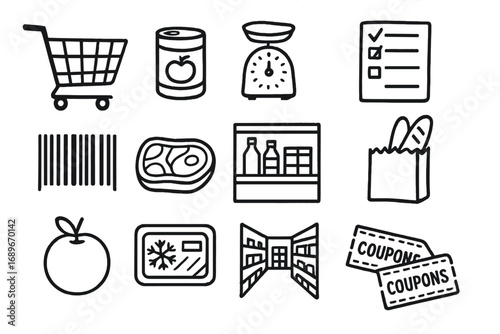 Supermarket Doodle Icons. Supermarket doodle icon set: hand drawn icons of grocery cart, canned food, produce scale, shopping list