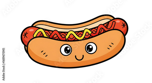 A delightful cartoon hotdog with a cheerful expression, complete with mustard and ketchup, isolated on transparent background this whimsical illustration brings joy and fun