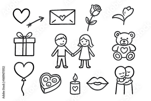 Valentine's Icon Set. Valentine’s Day doodle icon set: hand drawn icons of heart, cupid arrow, love letter, rose, gift box,