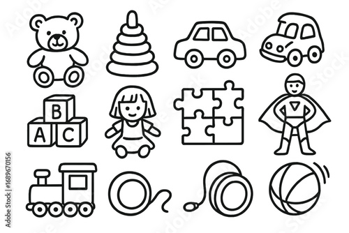 Toy Shop Doodles. Toy shop doodle icon set: hand drawn icons of teddy bear, stacking rings, toy car, building blocks, puzzle