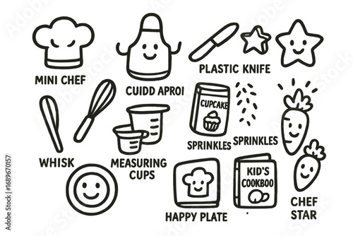 Kids Cooking Doodle Icons. Cooking for kids doodle icon set: hand drawn icons of mini chef hat, child apron, plastic knife, cookie