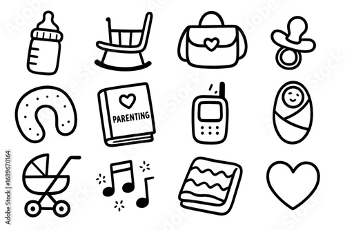 New Parents Essentials. New parents doodle icon set: hand drawn icons of baby bottle, rocking chair, diaper bag, pacifier, nursing