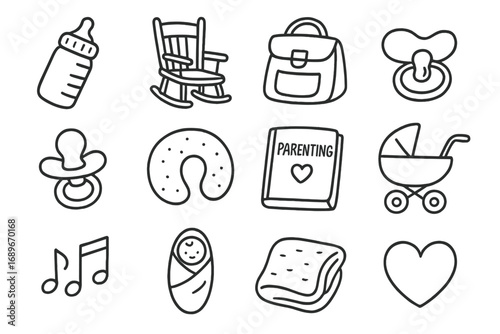 New Parents Essentials. New parents doodle icon set: hand drawn icons of baby bottle, rocking chair, diaper bag, pacifier, nursing