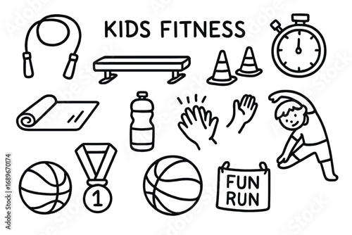 Kids Fitness Doodles. Kids fitness doodle icon set: hand drawn icons of jump rope, balance beam, hula hoop, obstacle cones,
