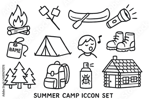 Summer Camp Icons. Summer camp doodle icon set: hand drawn icons of campfire, marshmallows, canoe, flashlight, name tag, tent,
