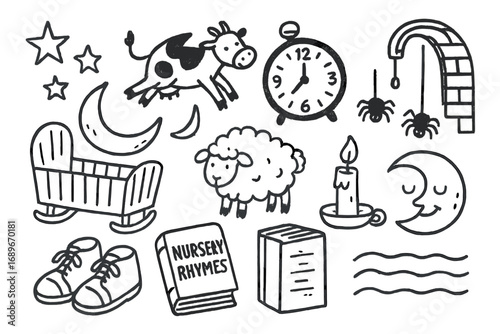 Nursery Rhyme Doodles. Nursery rhyme doodle icon set: hand drawn icons of twinkle stars, cow jumping over moon, clock, cradle,