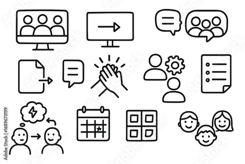 Team Collaboration Doodles. Team collaboration doodle icon set: hand drawn icons of virtual meeting, shared screen, group chat,