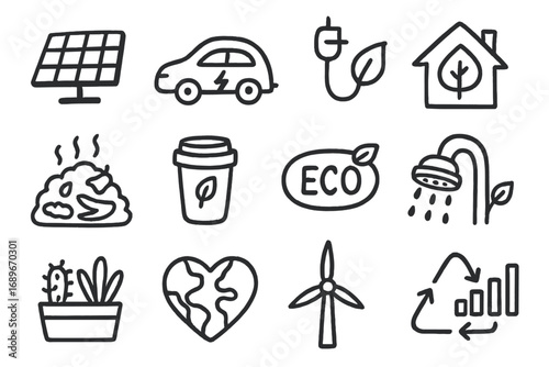 Eco-Friendly Icons Collection. Eco-friendly lifestyle doodle icon set: hand drawn icons of solar panel, electric car, green energy