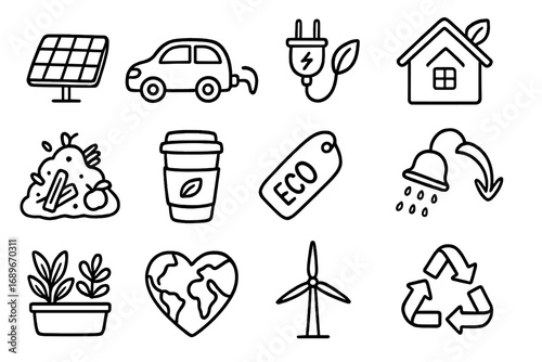 Eco-Friendly Icons Collection. Eco-friendly lifestyle doodle icon set: hand drawn icons of solar panel, electric car, green energy