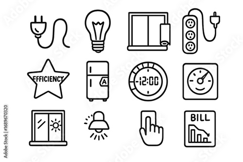 Energy-Saving Icons. Energy saving doodle icon set: hand drawn icons of unplugged cord, LED bulb, window insulation, power strip,