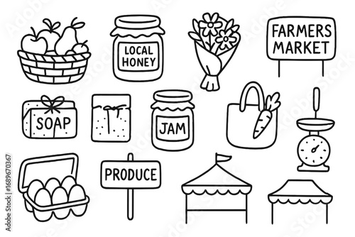 Farmers Market Icons. Farmers market doodle icon set: hand drawn icons of fruit basket, local honey jar, flower bouquet, handmade