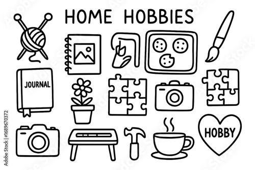 Home Hobby Icons. Home hobbies doodle icon set: hand drawn icons of knitting needles, sketchbook, baking tray, paintbrush, journal