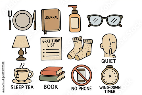 Evening Routine Icons. Evening routine doodle icon set: hand drawn icons of dinner plate, journal, skincare bottle, blue light