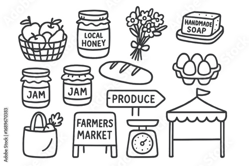 Farmers Market Icons. Farmers market doodle icon set: hand drawn icons of fruit basket, local honey jar, flower bouquet, handmade