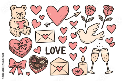 Valentine's Day Doodles. Valentine’s Day: hand drawn doodles of heart shapes, love letters, roses, chocolate boxes, teddy bears,