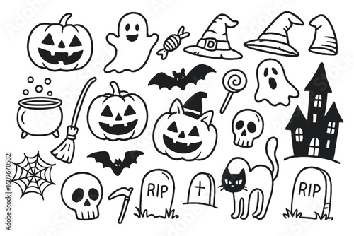 Halloween Doodle Extravaganza. Halloween night: hand drawn doodles of jack-o’-lanterns, ghosts, witches’ hats, broomsticks,