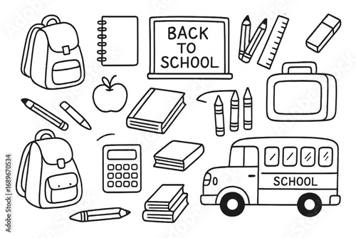 Back-to-School Doodles. Back to school: hand drawn doodles of backpacks, notebooks, pencils, rulers, erasers, lunchboxes,