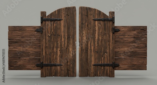 Rustic Wooden Saloon Doors Isolated on Gray Background.
