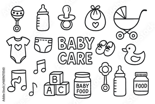 Baby Essentials Doodles. Baby care: hand drawn doodles of rattles, pacifiers, baby bottles, bibs, strollers, onesies, diapers,