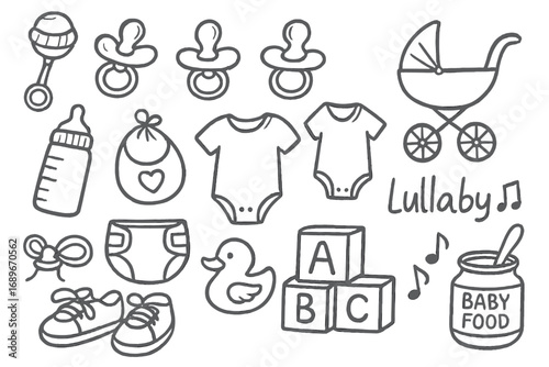 Baby Essentials Doodles. Baby care: hand drawn doodles of rattles, pacifiers, baby bottles, bibs, strollers, onesies, diapers,