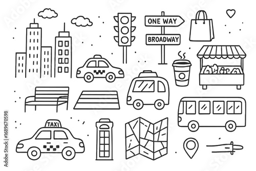 Urban Doodle Montage. City life: hand drawn doodles of skyscrapers, taxis, traffic lights, buses, street vendors, coffee cups,