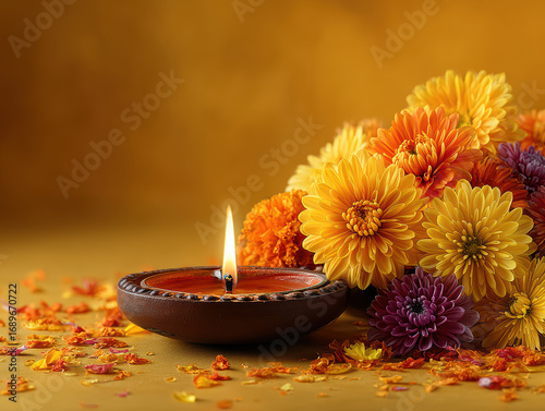 A serene, intimate scene showcasing a traditional Indian diya on a flower-scattered surface The composition predominantly features orange and yellow marigolds with a bokeh background - AI-Generated