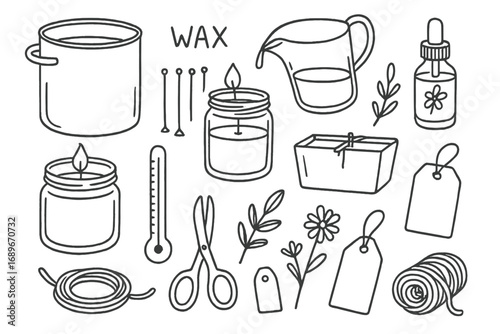 Candle Making Doodles. Candle making: hand drawn doodles of wax pots, jars, wicks, scents, labels, pouring tools, dried flowers,