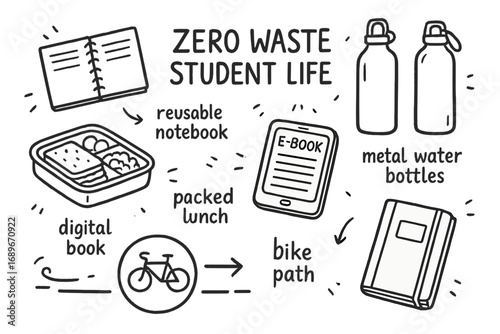 Zero Waste Essentials. Zero waste student life: hand drawn doodles of reusable notebooks, metal water bottles, packed lunches,