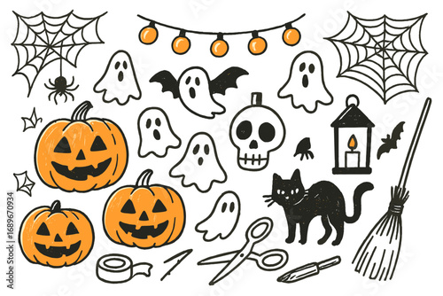 Halloween Doodles and Decor. Halloween decorations: hand drawn doodles of carved pumpkins, spider webs, ghost cutouts, fake bats,