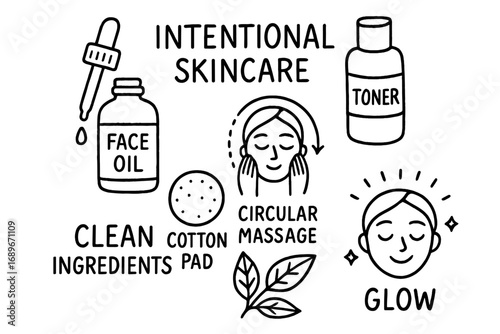 Skincare Doodles Collection. Intentional skincare: hand drawn doodles of face oil, toner, cotton pad, circular massage, labels,