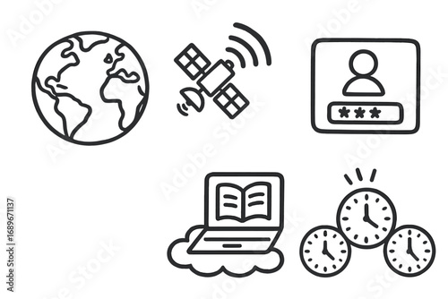 Distance Learning Doodles. Distance learning icons: hand drawn doodles of global map, satellite signal, online login, learning