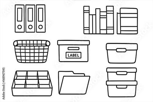 Organized Storage Doodles. Shelf organization: hand drawn doodles of binders, books, baskets, box labels, drawer dividers, folders