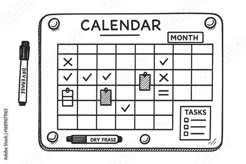 Whiteboard Calendar Doodles. Whiteboard calendar: hand drawn doodles of dry erase markers, magnets, month view, day squares, color