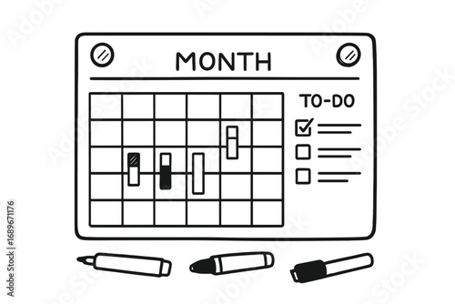 Whiteboard Calendar Doodles. Whiteboard calendar: hand drawn doodles of dry erase markers, magnets, month view, day squares, color