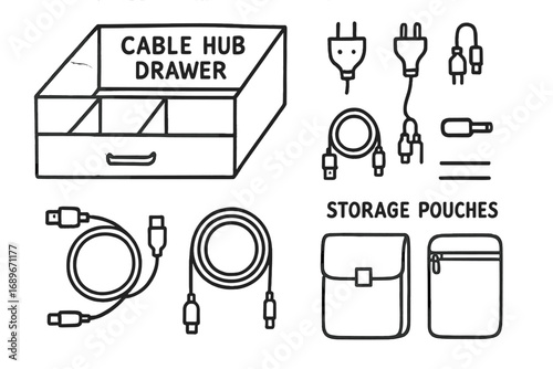 Drawer Cable Organizer. Cable hub drawer: hand drawn doodles of drawer box, plug shapes, coiled cables, divider lines, and storage
