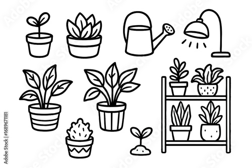 Office Plant Doodles. Office plant collection: hand drawn doodles of succulents, leafy pots, watering can, grow light, plant shelf