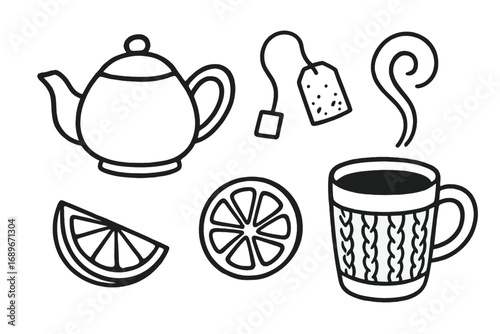 Tea Time Doodles. Tea time ritual: hand drawn doodles of tea pot, herbal sachet, lemon slice, cozy mug, steam swirl, and sugar