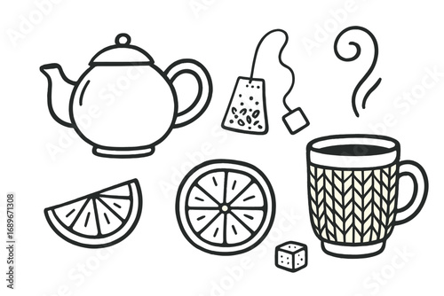 Tea Time Doodles. Tea time ritual: hand drawn doodles of tea pot, herbal sachet, lemon slice, cozy mug, steam swirl, and sugar