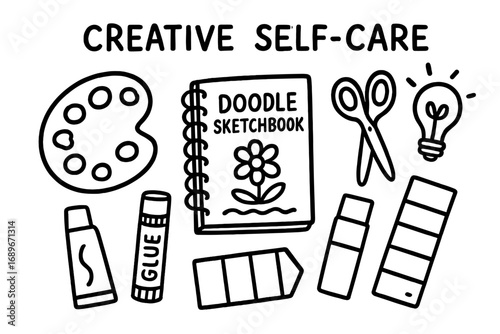 Creative Self-Care Tools. Creative self-care: hand drawn doodles of paint palette, doodle sketchbook, scissors, glue stick, color
