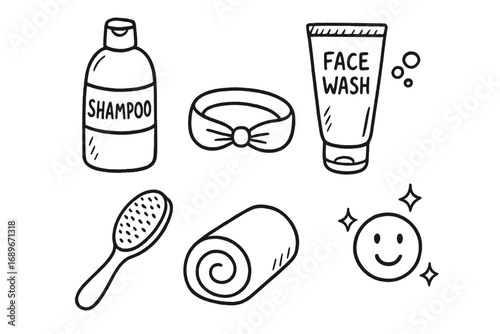 Face and Hair Essentials. Face and hair care: hand drawn doodles of shampoo bottle, face wash, headband, brush, spa towel, and