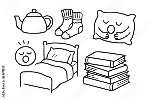 Cozy Nighttime Doodles. Cozy nighttime: hand drawn doodles of tea kettle, warm socks, soft bed, hug pillow, book stack, and yawn